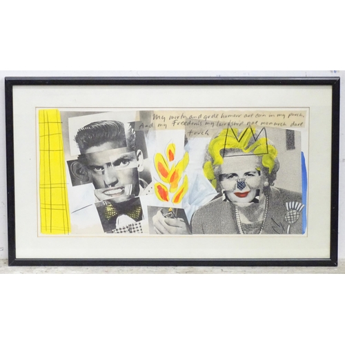 A mixed media and collage depicting Margaret Thatcher, etc. with a verse from the poem 'Contented Wi Little' by Robert Burns. Approx. 8 1/4" x 16 3/4"