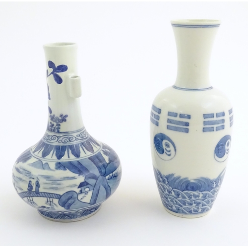 23 - A Chinese blue and white arrow vase with twin handles to neck, the body decorated with landscape sce... 