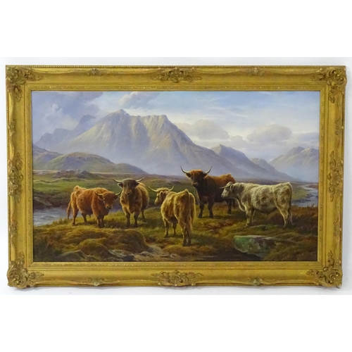 Charles Jones (1836-1892), Oil on board, Highland cattle in a Scottish landscape with mountains beyond. Approx. 32 1/2" x 39 1/4"