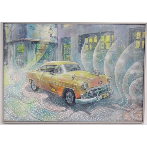 1526 - Caio Locke (b. 1980), Acrylic on canvas, A Cuban street scene with a yellow Chevrolet Bel Air with b... 