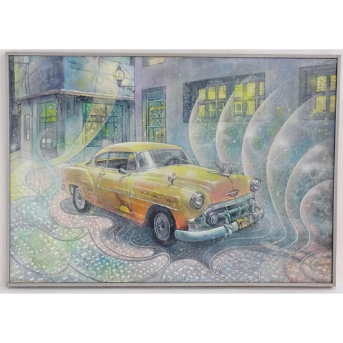 1526 - Caio Locke (b. 1980), Acrylic on canvas, A Cuban street scene with a yellow Chevrolet Bel Air with b... 