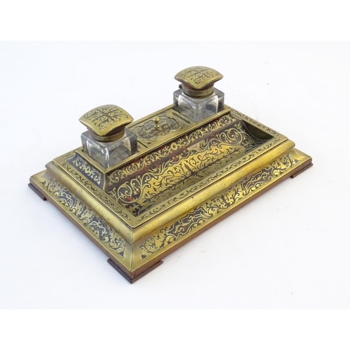 1246 - A Victorian Boulle work desk stand / ink standish, the twin square sectioned inkwells flanking a cen... 