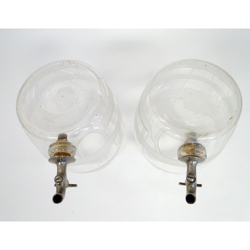 258 - Two Victorian glass spirit / rum  barrels with etched decoration and with silver plated taps. Approx... 