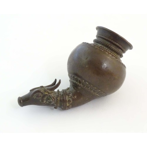 1245 - A 19thC Indian Linga dripping vessel for Shiva Abhishek one end modelled as the sacred bull Nandi. A... 