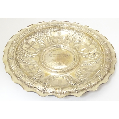 244 - Telecommunication interest: A Portuguese silver dish / charger engraved to centre 'Frederick William... 