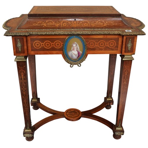 A FRENCH MARQUETRY CENTRE 'TABLE'  NOW MODIFIED AS A 'PLANTER', the lid concealing a modern steel holder, the whole profusely inlaid and with ormolu mounts and two ormolu porcelain plaques of French beauties. 19th century and later.