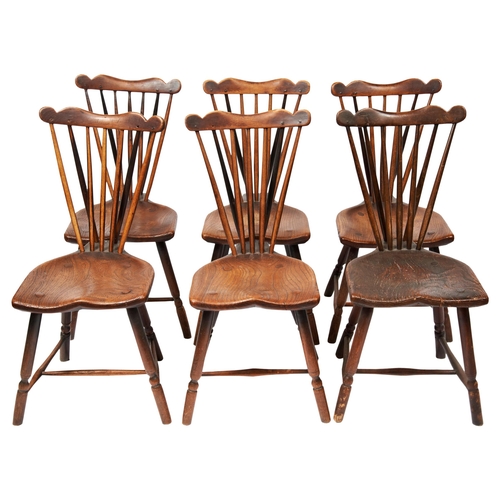 A SET OF SIX ENGLISH OAK 18TH CENTURY TAPERED SPINDLE BACK WINDSOR CHAIRS, with sculpted seats in the Thames Valley manner, 92 x 41 x 50 cm