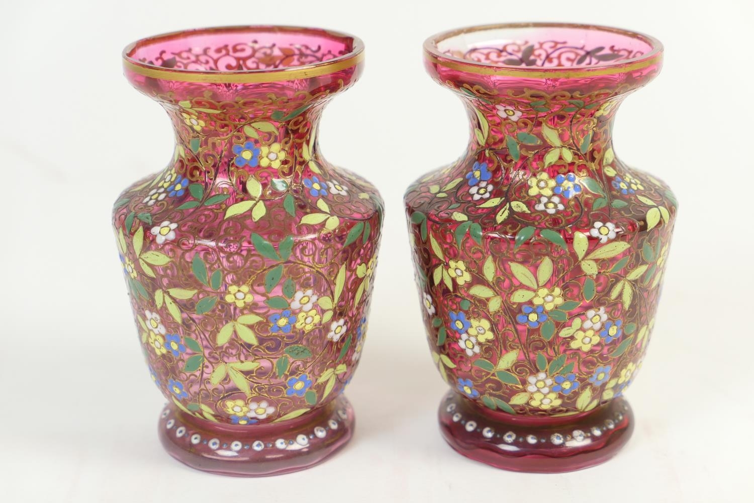 Pair Of Moser Style Enamelled Cranberry Glass Vases Shouldered