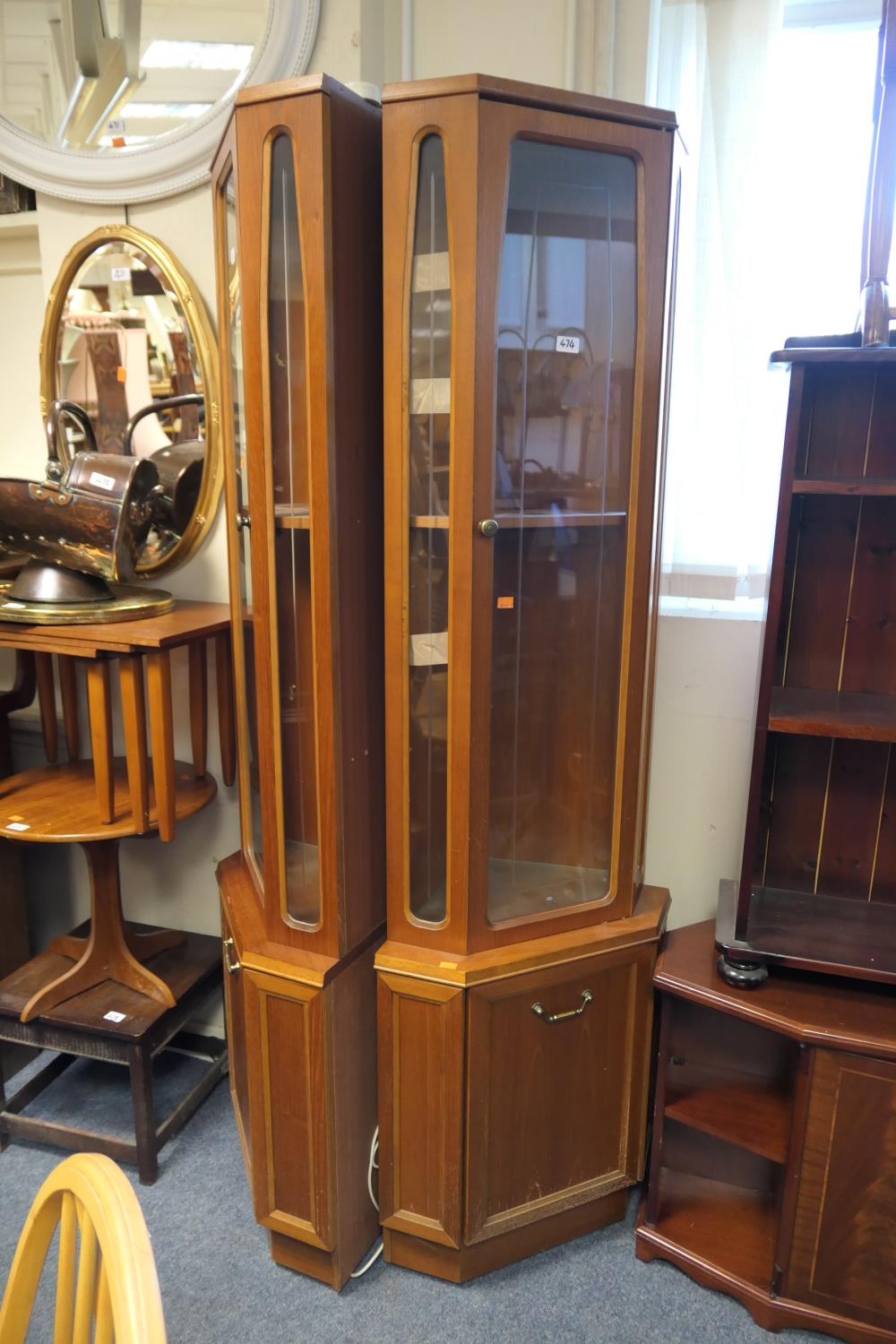 Two Retro Teak Narrow Corner Display Cabinets