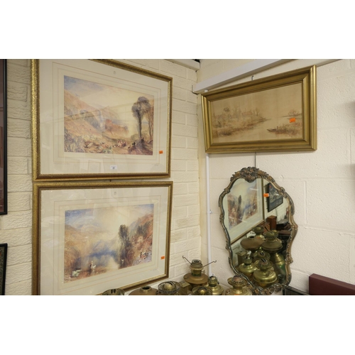 22 - Pair of J. M. Turner gilt framed prints including Lake Nemi and Tancarville; also a gilt framed wate... 
