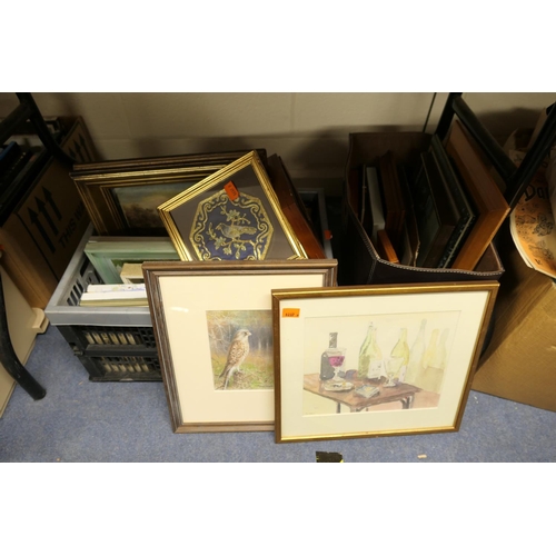 42 - Two boxes of mixed amateur paintings and also framed pictures and prints