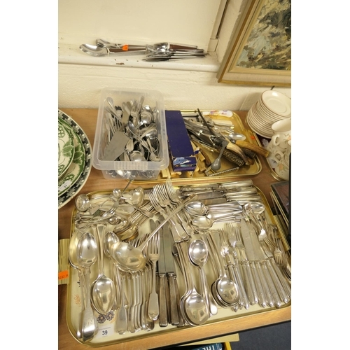 39 - Mixed silver plated cutlery; also stainless steel cutlery, bone handled carving utensils and a four ... 