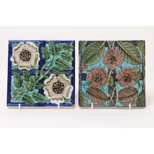 11 - Two William De Morgan tiles, circa 1898, each decorated with a briar rose in colours, impressed mark... 