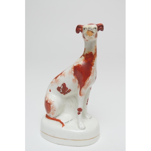56 - Pair of Staffordshire flatback greyhound and hare figures, circa 1870, height 28cm; also a Staffords... 