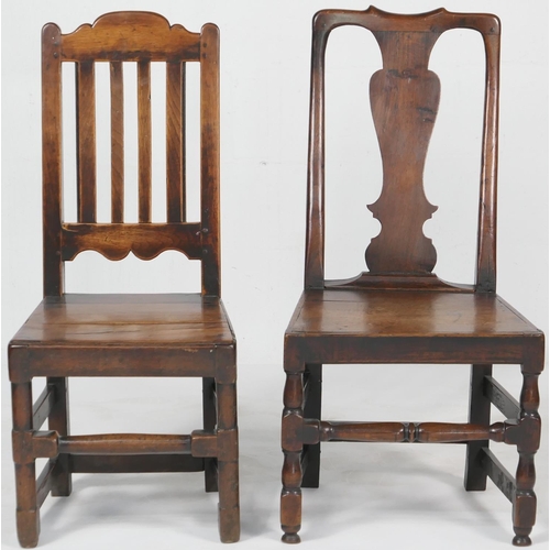 757 - Welsh oak joined side chair, North Wales, circa 1780, having a stick back and solid seat, turned fro... 