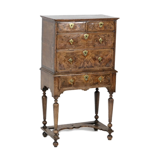 736 - Queen Anne walnut chest on stand circa 1710, of small proportions, fitted with two short and two lon... 