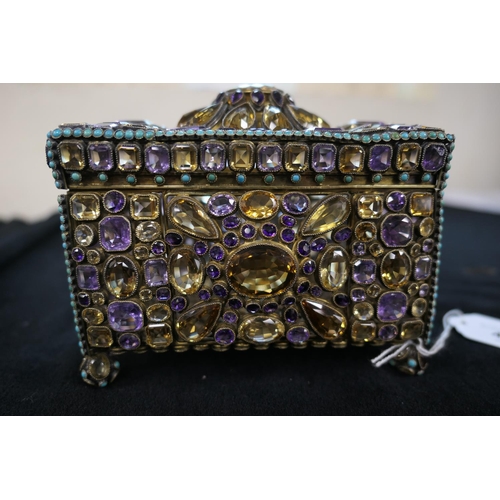 443 - Late Victorian or Edwardian jewelled silver gilt casket, circa 1900, rectangular form worked through... 
