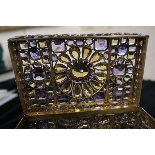 443 - Late Victorian or Edwardian jewelled silver gilt casket, circa 1900, rectangular form worked through... 