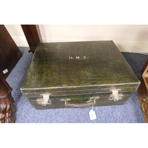 675 - Green stained crocodile skin gentleman's vanity case, by Drew & Sons, Piccadilly, with nickel locks,... 