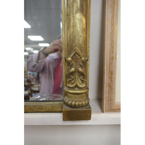 797 - William IV gilt gesso triptych overmantel mirror, circa 1835, bordered with pilasters with three rec... 