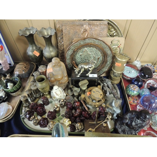 58 - Mixed lot including a quantity of Buddha's, miniature miners' lamps, pair of Indian pedestal brass v... 