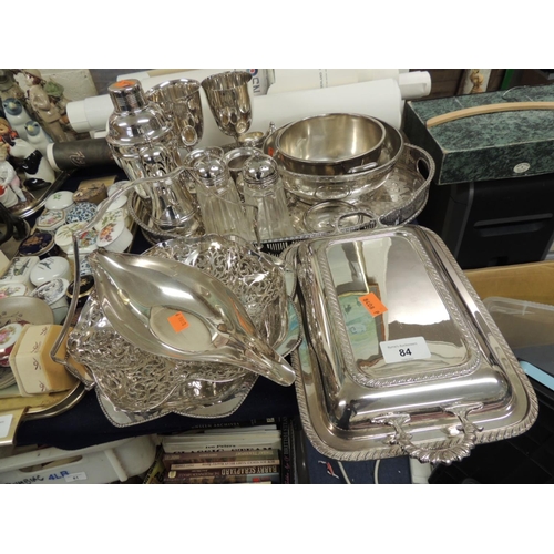 84 - Mixed silver plated wares including oval galleried tray, goblets, sugar shakers, bowls, fruit dishes... 