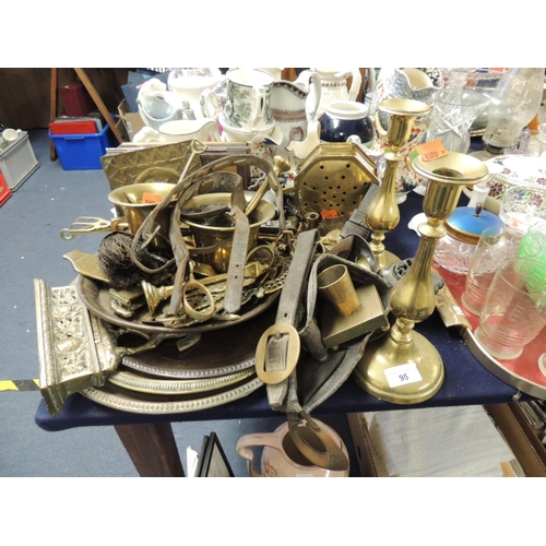 95 - Pair of brass candlesticks, brass pestle and mortar and further brass and copper wares etc