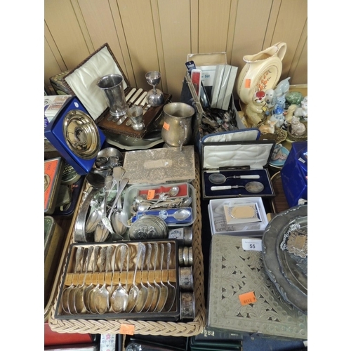 55 - Mixed silver plated and other wares including silver plated cigarette case, collectors' table spoons... 
