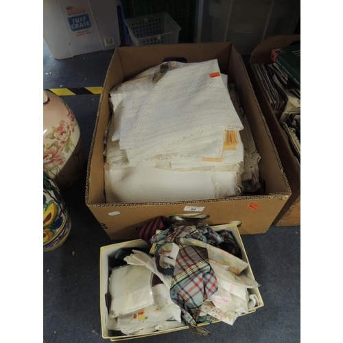 92 - Box of linens including table cloths, handkerchiefs, ties etc (2 boxes)