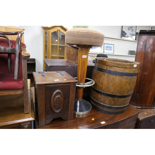 726 - Coopered oak barrel, retro bar stool and an oak coal depot with contents
