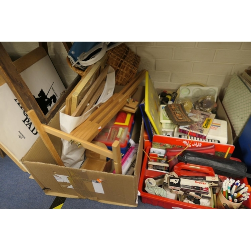 21 - Artist equipment including small easel, support board and pad, frames, paints, crayons; also Rotring... 
