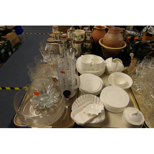 99 - Mix of ceramics and glass including a retro water jug and tumblers, etched modern decanter, heavy du... 
