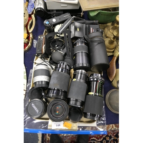 144 - Mixed camera accessories including Nikon 60-180mm telephoto lens, Vivitar 28-200mm macro focusing zo... 