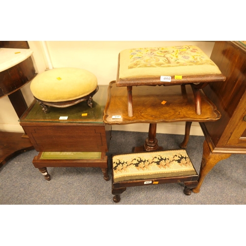 444 - Late George III mahogany step commode, walnut pedestal table and three footstools (5)