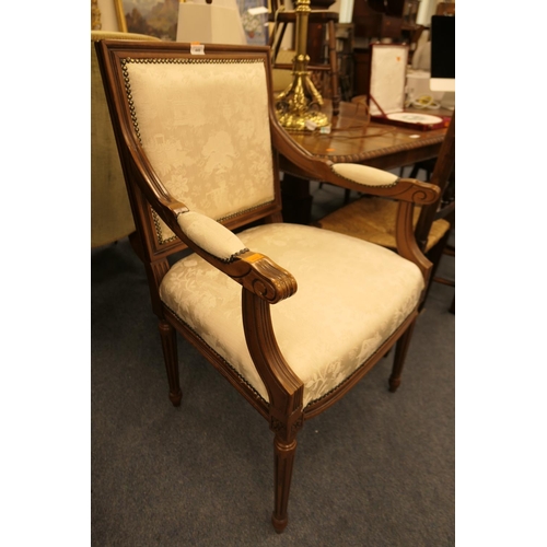 449 - French style stained beech and ivory damask upholstered armchair