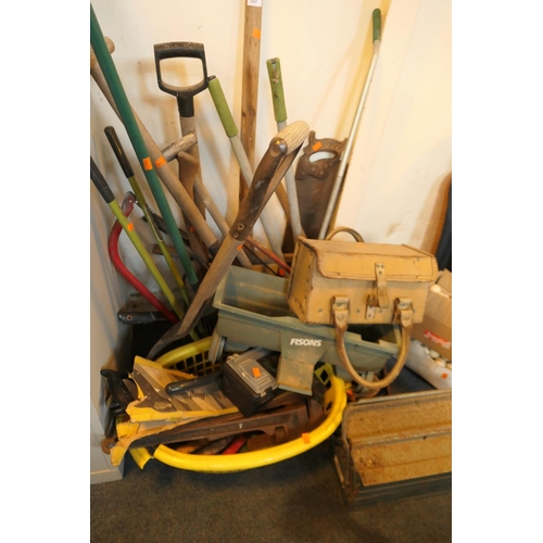 522 - Assorted tools including mixed wooden handled gardening tools, wrenches, wood saws, vintage bowls ba... 
