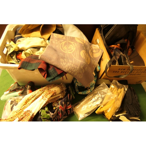 115 - Box of ladies' mixed headscarves; also a further box of handbags and gloves (2 boxes)