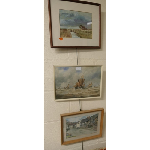 1 - Follower of T B Hardy, 'Fishing boats in choppy seas', watercolour, indistinctly signed, 24cm x 35cm... 