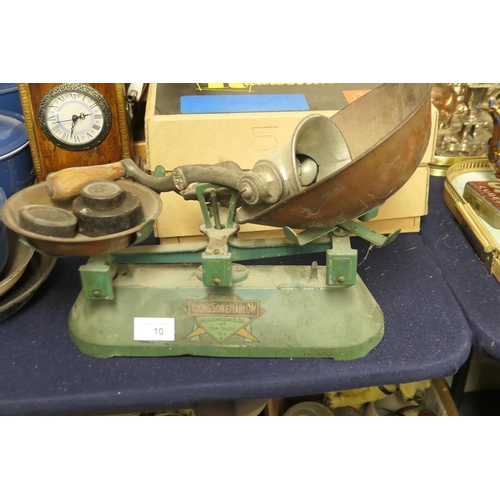 10 - Young & Sons kitchen scales with weights and a National bench mincer