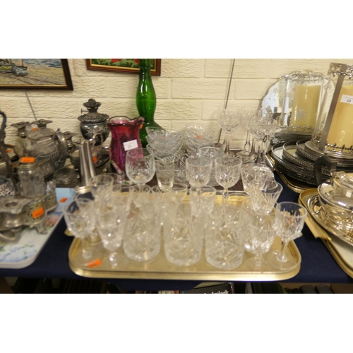 21 - Murano claret glass vase, assorted mixed cut glassware including Stuart pedestal hock glasses (2 tra... 