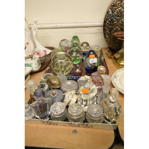 31 - Assorted glass paperweights, modern scent bottles etc (2 trays)