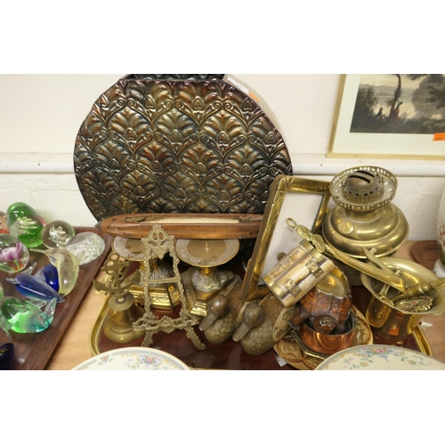 33 - Mixed brass and other metal wares including a pair of pricket candle stands, oil lamp, old loom shut... 