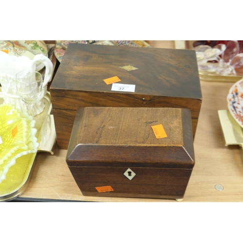 37 - Victorian walnut sewing box; also a Regency rosewood tea caddy (2)