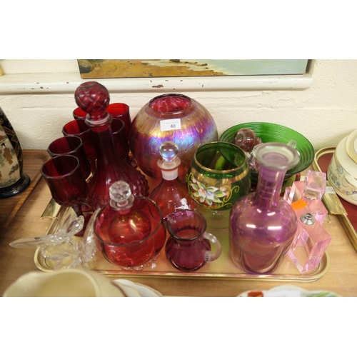 40 - Mixed coloured glass wares including ruby liqueur set