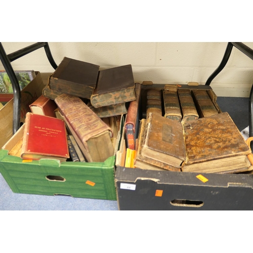 44 - Assorted leather bound books including The Whole Art of Husbandry published 1707; also Holy Bible pu... 