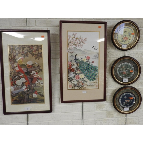 11 - Three Oriental embroidered silk roundels and two decorative framed prints featuring birds (5)