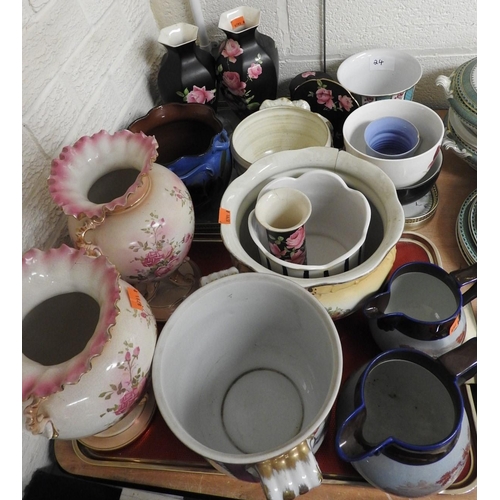 24 - Decorative pink ground porcelain wine cooler, Victorian Staffordshire vases, Victorian print ware co... 