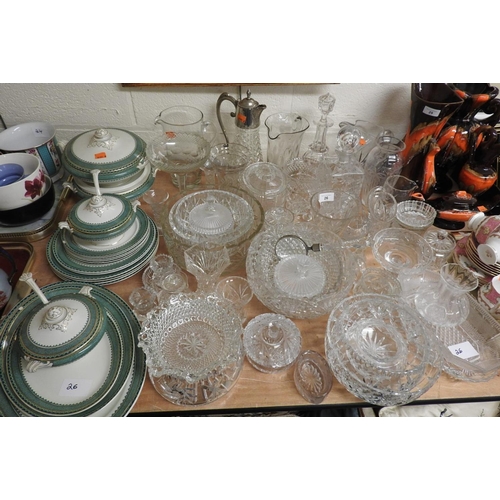 26 - Mixed cut and moulded glassware including numerous bowls, decanters, claret jug; also Staffordshire ... 