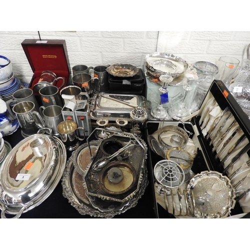 3 - Assorted silver plated and pewter wares including tureens, dishes and plates, pewter tankards, cased... 