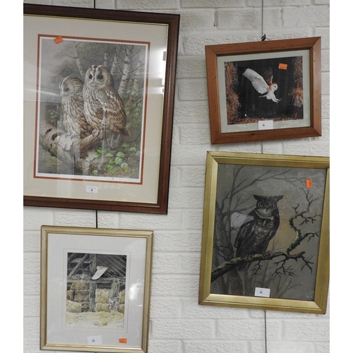 6 - Four owl studies including prints by Raymond Watson and Michael Leach; also an oil painting of a woo... 